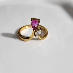 Stainless Steel Pink And Clear Stone Ring